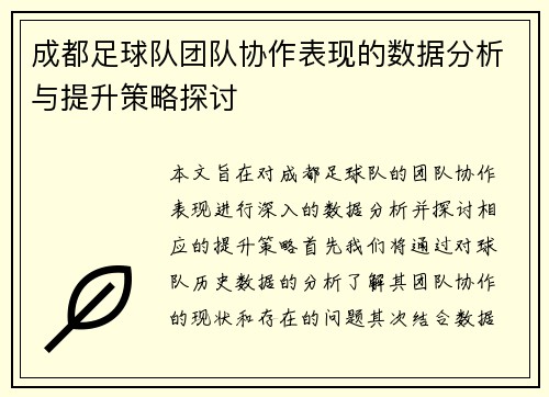 成都足球队团队协作表现的数据分析与提升策略探讨